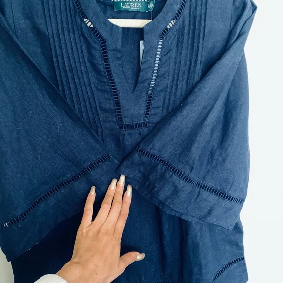 Lauren Ralph Lauren Women's Shirt Tunic Top, Split Round Neck Blouse 100% Linen - Picture 3 of 5